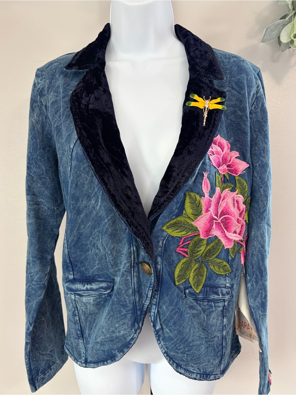 NWT Aratta Silent Journey Blue Colonel Jacket with Floral Embroidery